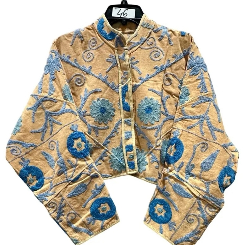 Embroidered Peach and Blue Women's Suzani Waist Length Jacket.